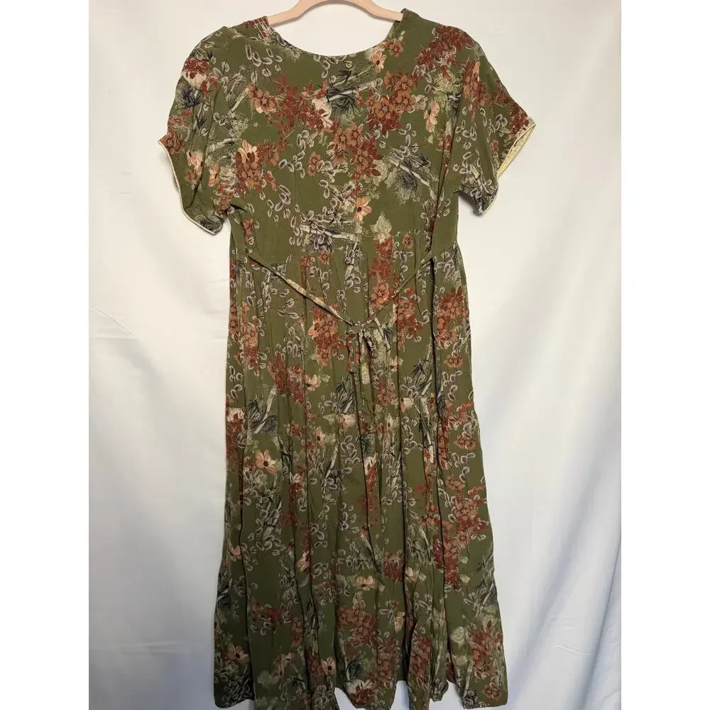 Nursing Maternity Modest Olive Green Floral Midi Dress